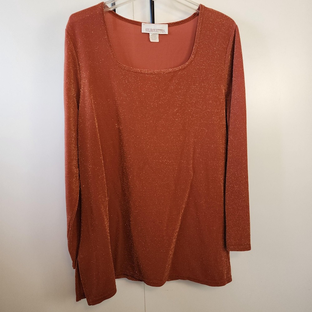 Silhouettes Vintage 90s Metallic Gold Shimmer Orange Square Neck Top Womens XL